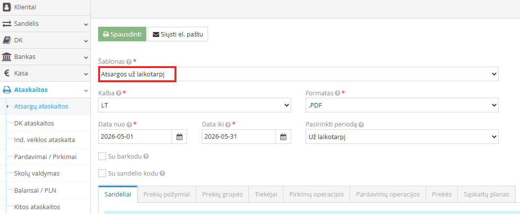 Atsargų už laikotarpį ataskaitos pasirinkimo langas